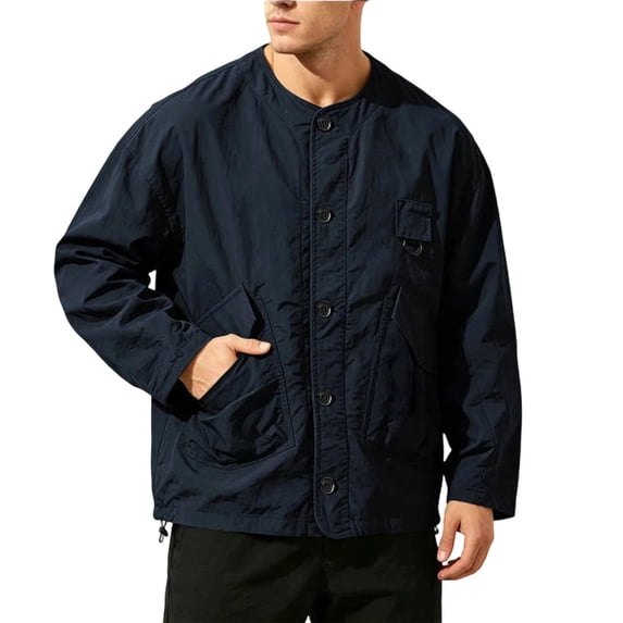 Gfyviroh Chore Coat for Men Oversized Lightweight Utility Jacket Button Front Collarless Outdoor Jackets with Pockets