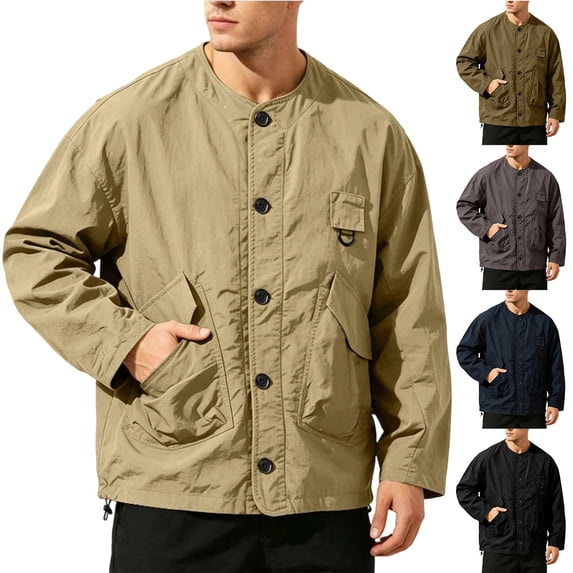 Gfyviroh Chore Coat for Men Oversized Lightweight Utility Jacket Button Front Collarless Outdoor Jackets with Pockets