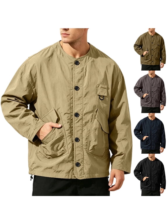 Chore Coat for Men Oversized Lightweight Utility Jacket Button Front Collarless Outdoor Jackets with Pockets