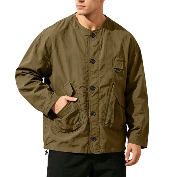 Gfyviroh Chore Coat for Men Oversized Lightweight Utility Jacket Button Front Collarless Outdoor Jackets with Pockets