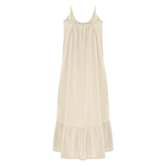 Gfyviroh Cotton Linen Dress for Women Summer Sleeveless Pleated Ruffled Hem Dresses Plus Size Loose Spaghetti Strap Midi Dresses