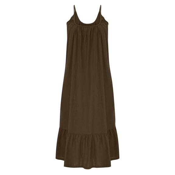 Gfyviroh Cotton Linen Dress for Women Summer Sleeveless Pleated Ruffled Hem Dresses Plus Size Loose Spaghetti Strap Midi Dresses