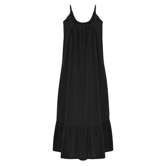 Gfyviroh Cotton Linen Dress for Women Summer Sleeveless Pleated Ruffled Hem Dresses Plus Size Loose Spaghetti Strap Midi Dresses