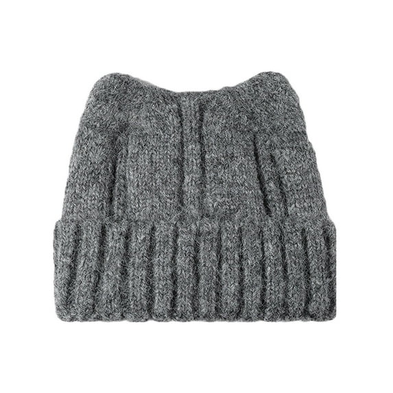 Gfyviroh Cozy Women's Cat Ear Beanie Hat Woolen Solid Color Cuffed Hat Outdoor Windproof Knitted Hat
