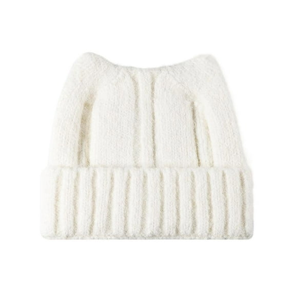Gfyviroh Cozy Women's Cat Ear Beanie Hat Woolen Solid Color Cuffed Hat Outdoor Windproof Knitted Hat