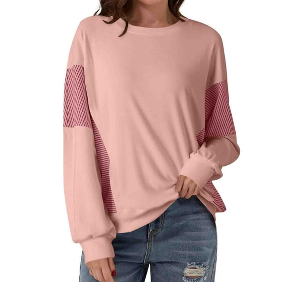 Gfyviroh Crewneck Tops for Women Color Block Long Sleeve Stripes Tops Casual Loose Pullover Fall Workout Tops