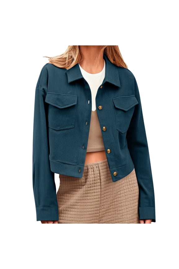 Cropped Coats for Women Trendy Ribbed Button Open Front Corduroy Jackets Comfortable Long Sleeve Turn-down Collar Outerwear