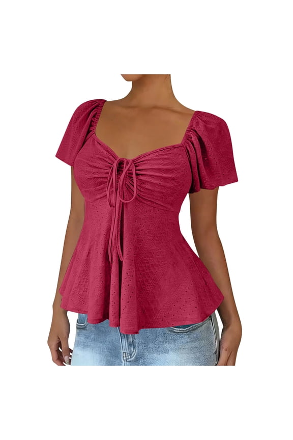Cute Tops for Women Short Sleeve Pleated T-Shirts Tie Front Flowy Slim Fit Sweetheart Neckline Tee