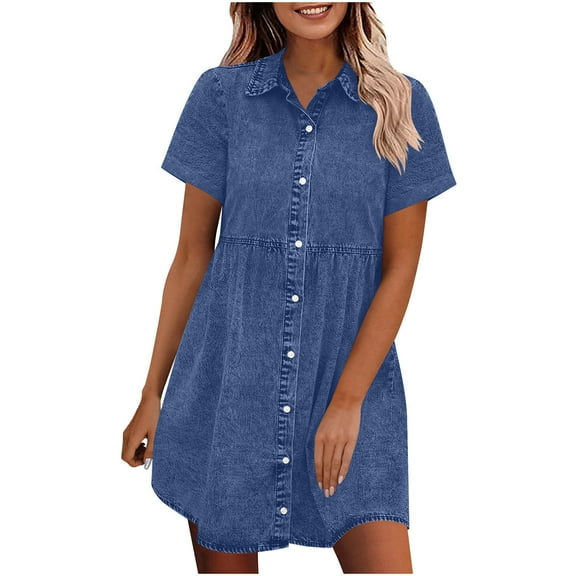 Gfyviroh Denim Dresses for Women Solid Color Button Turn-down Collar Mini Dresses Loose Casual Short Sleeve Dresses