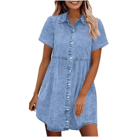 Gfyviroh Denim Dresses for Women Solid Color Button Turn-down Collar Mini Dresses Loose Casual Short Sleeve Dresses