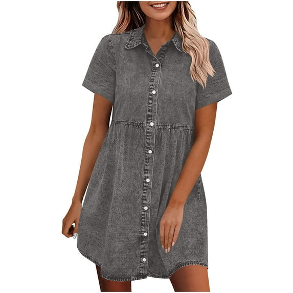 Gfyviroh Denim Dresses for Women Solid Color Button Turn-down Collar Mini Dresses Loose Casual Short Sleeve Dresses