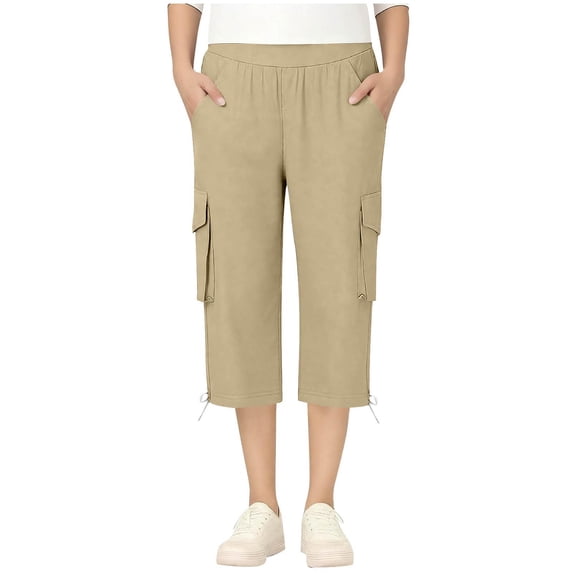 Gfyviroh Girls Cargo Capri Pants Solid Lightweight Straight Leg Casual Cropped Trousers with Multi-Pockets 5-15 Y