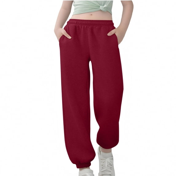 Gfyviroh Girls Jogger Pants Solid Elastic Waist Loose Sweatpants with Pockets Kids Cuffed Pants,Size 3-14 Years