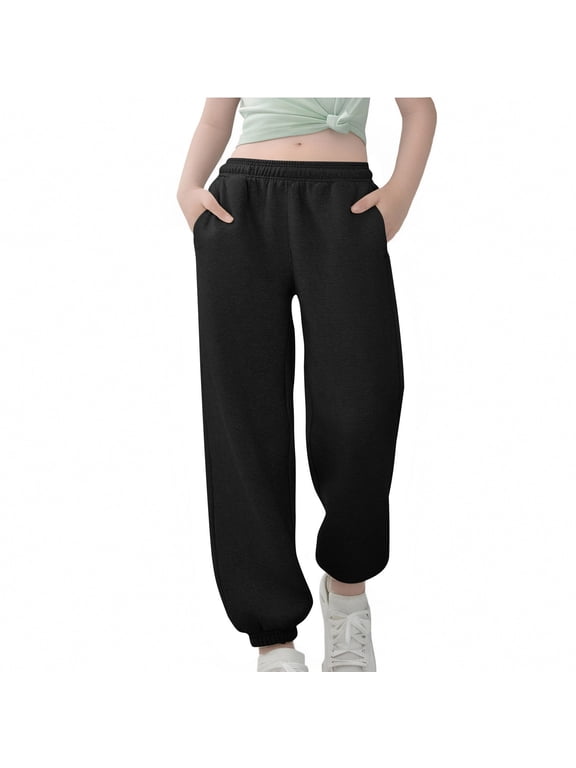 Girls Jogger Pants Solid Elastic Waist Loose Sweatpants with Pockets Kids Cuffed Pants,Size 3-14 Years
