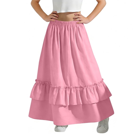 Gfyviroh Girls' Maxi Skirts Flowy Ruffle Tiered Long Skirt with Pockets Casual A-Line Elastic Waist Skirt For Kids 4-15 Years