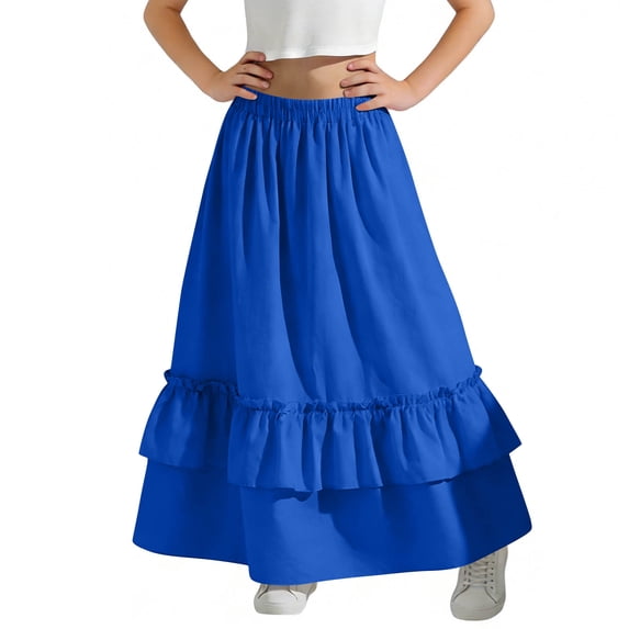 Gfyviroh Girls' Maxi Skirts Flowy Ruffle Tiered Long Skirt with Pockets Casual A-Line Elastic Waist Skirt For Kids 4-15 Years