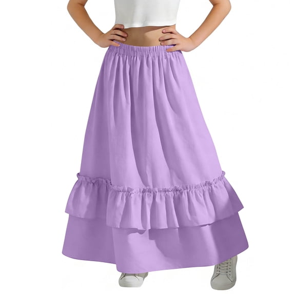 Gfyviroh Girls' Maxi Skirts Flowy Ruffle Tiered Long Skirt with Pockets Casual A-Line Elastic Waist Skirt For Kids 4-15 Years