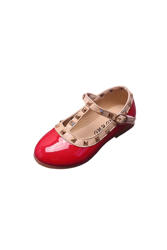 Girls Patent Leather Shoes for Little to Big Kids T-Strap Design Non-Slip Shoes Fashion Studded Mary Jane Flats