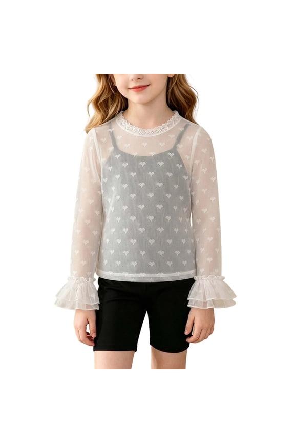 Girls Sheer Mesh Overlay Shirts Lace Crew Neck Ruffle Sleeve Tops Floral Embroidery See Through Summer Blouse