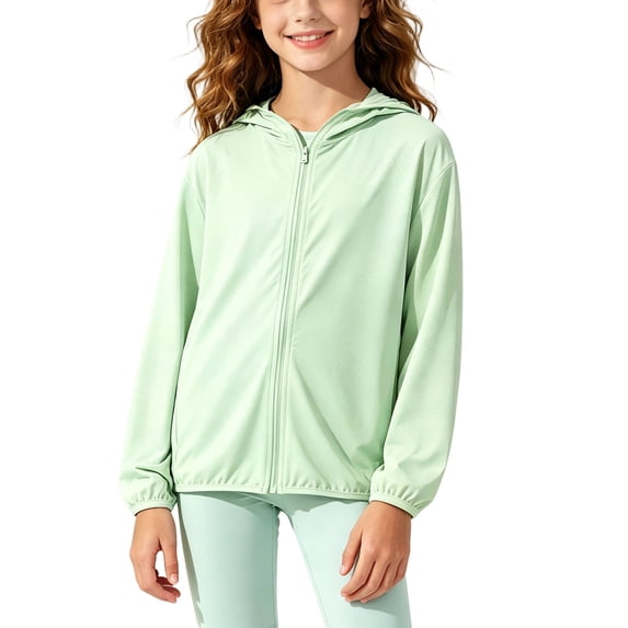 Gfyviroh Girls Sports Outerwear Casual Lightweight Zip-Up Hooded Sun Jacket Soft Stretch Long Sleeve Comfy Jacket for Kids