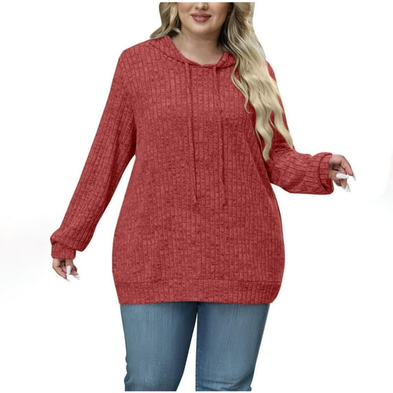 Gfyviroh Hoodie Tops for Women Loose Drawstring Ribbed Knit Tops Casual Long Sleeve Solid Color Tunic Pullover Tops