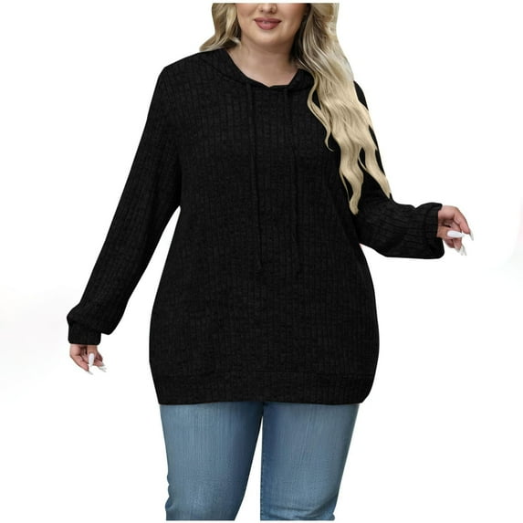 Gfyviroh Hoodie Tops for Women Loose Drawstring Ribbed Knit Tops Casual Long Sleeve Solid Color Tunic Pullover Tops