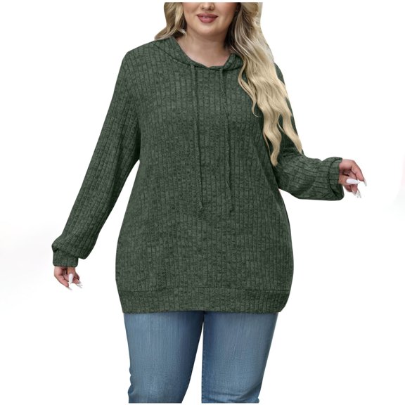 Gfyviroh Hoodie Tops for Women Loose Drawstring Ribbed Knit Tops Casual Long Sleeve Solid Color Tunic Pullover Tops