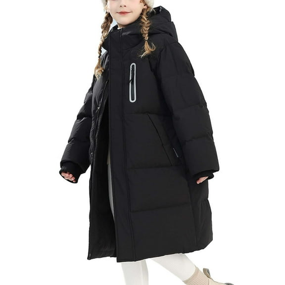 Gfyviroh Kids Girls Puffer Jackets 4-15 Years Winter Solid Color Zip Up Hooded Coats Thick Warm Pockets Long Sleeve Jackets