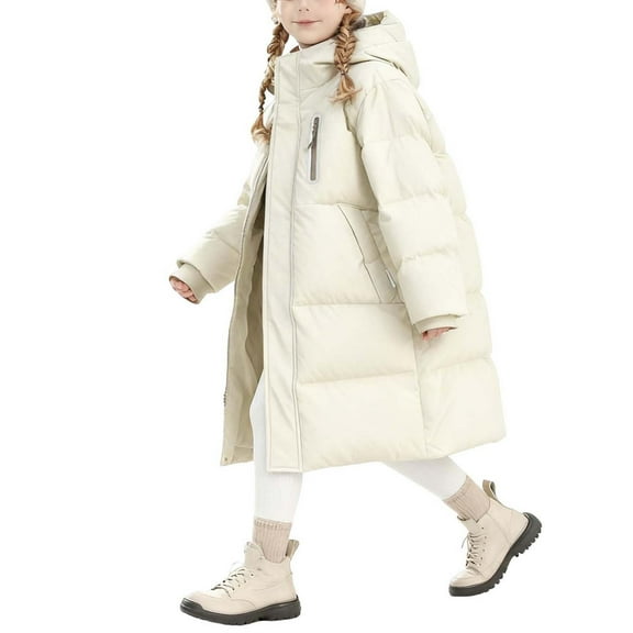 Gfyviroh Kids Girls Puffer Jackets 4-15 Years Winter Solid Color Zip Up Hooded Coats Thick Warm Pockets Long Sleeve Jackets