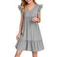 thumbnail image 1 of Gfyviroh Kids Teen Girls Dresses Plested Solid Ruffle Sleeve Dresses Lightweight Summer V-Neck Dresses,Sizes 6-15 Y, 1 of 4