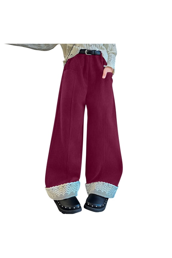 Kids Teen Girls Pants Corduroy Patchwork High Waist Pants Wide Leg Casual Trousers,Size 5-15 Years