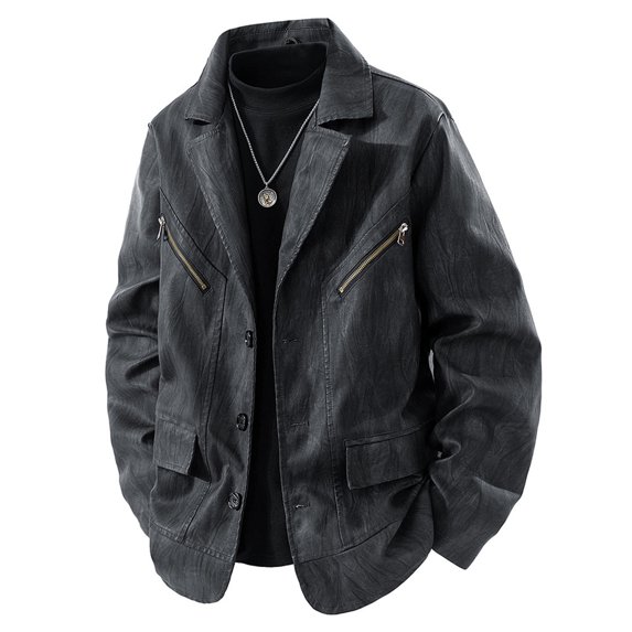 Gfyviroh Leather Jackets for Men Button Front Long Sleeve Jackets Casual Trendy Lapel Pockets Blazer Jackets