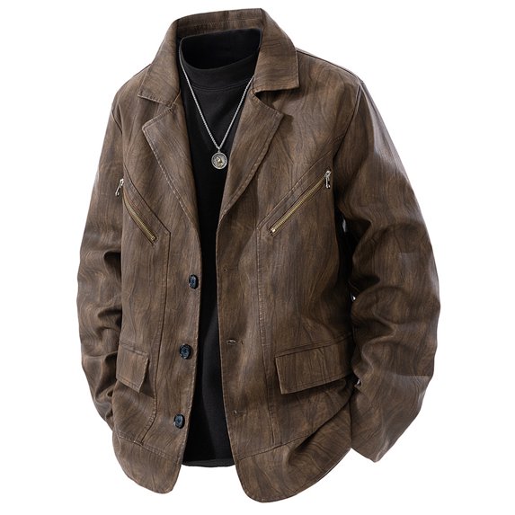 Gfyviroh Leather Jackets for Men Button Front Long Sleeve Jackets Casual Trendy Lapel Pockets Blazer Jackets