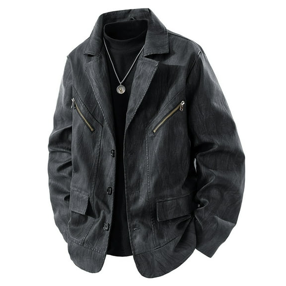 Gfyviroh Leather Jackets for Men Button Front Long Sleeve Jackets Casual Trendy Lapel Pockets Blazer Jackets