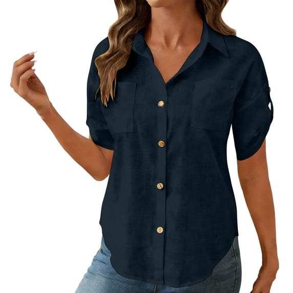Gfyviroh Linen Shirts for Women Short Sleeve Summer Lightweight Shirts Button Front Pockets Loose Shirts