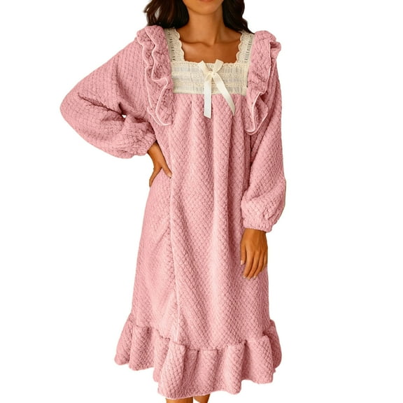 Gfyviroh Long Flannel Nightgowns for Women Ruffled Hem Square Neck Nightdress Cozy Long Sleeve Cute Sleepwear Nightshirts