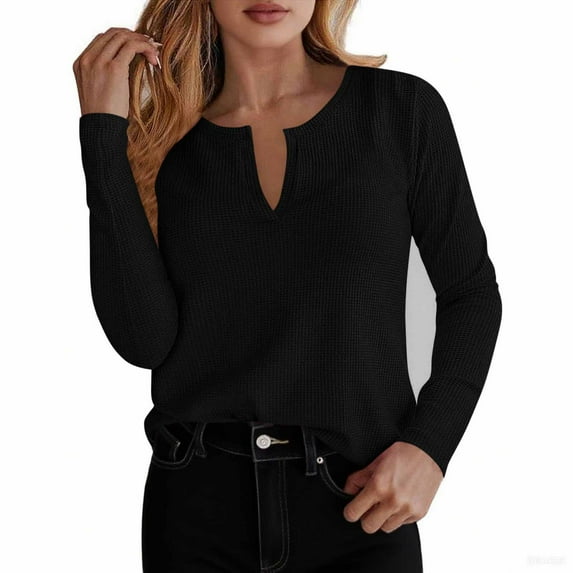 Gfyviroh Long Sleeve Tops for Women Solid Color Notch Neck Tshirts Casual Comfortable Breathable Pullover Tops