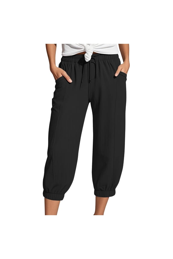 Loose Capri Pants for Women Elastic Waist Comfy Cuffed Capris Drawstring Casual Cropped Pants with Pockets