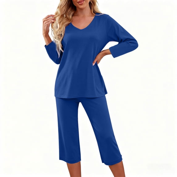 Gfyviroh Loose Pajamas Sets for Women 2 Piece Loungewear Sets V-Neck Pullover T-Shirts and Capri Pants Solid Sleepwear Sets