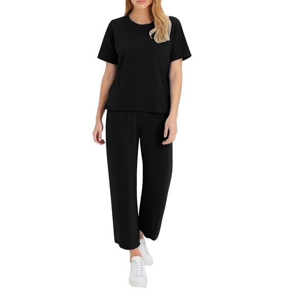 Gfyviroh Lounge Sets for Women 2 Piece Lightweight Summer Travel Casual Outfit Sets Short Sleeve Crew Neck Tops with Pocket and Loose Wide Leg Pants Sets