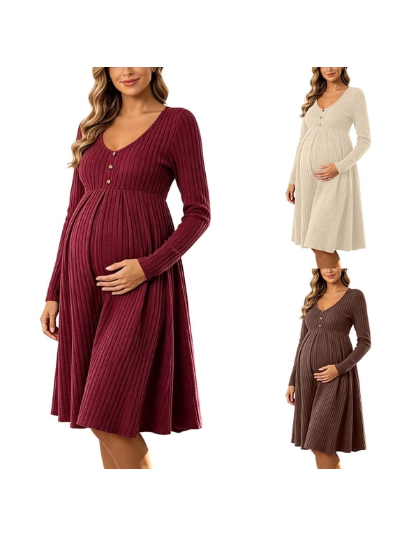 Maternity Women's Casual Dress Stylish Button Decor Ribbed Pleated A-Line Dress Long Sleeve Pregnancy Fall Sweater Dress