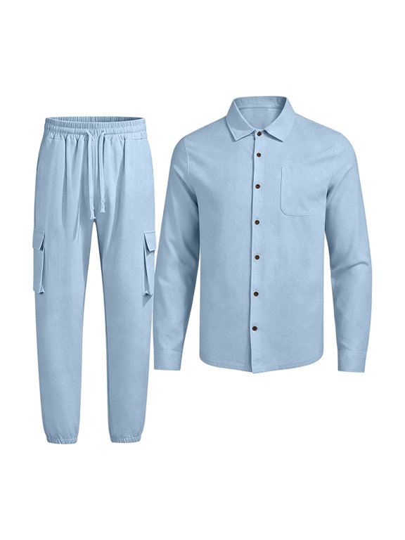 Men's 2 Piece Linen Sets Lightweight Solid Daily Casual Outfits Button Down Long Sleeve Shirts with Cargo Jogger Pants Set