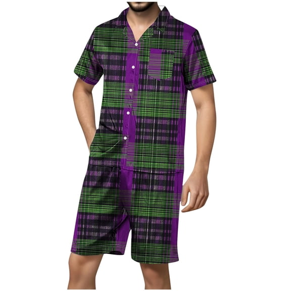 Gfyviroh Men's 2 Piece Pajamas Sets Button Short Sleeve Turn-down Collar Shirts with Pocket and Shorts Sets Satin Plaid Loungewear Sets