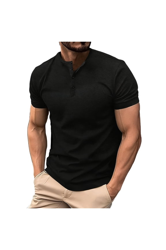 Men's Casual T-shirts Solid Short Sleeve Henley Shirts Summer Trendy Pullover Tee Shirts