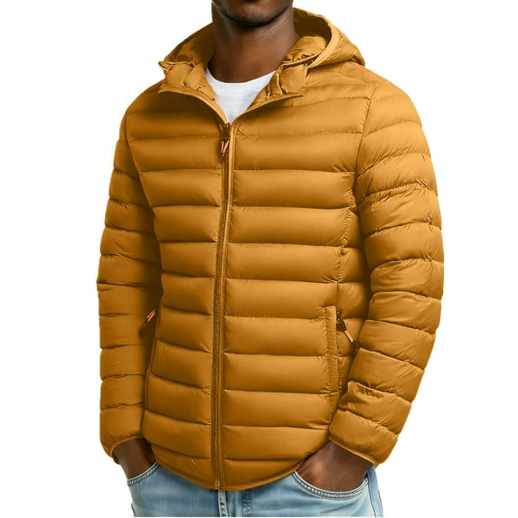 Gfyviroh Men's Down Jackets Big and Tall Hooded Puffer Jackets Zip Up Lightweight Long Sleeve Quilted Coats with Zipper Pockets
