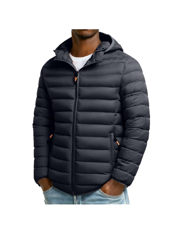 Men's Down Jackets Big and Tall Hooded Puffer Jackets Zip Up Lightweight Long Sleeve Quilted Coats with Zipper Pockets