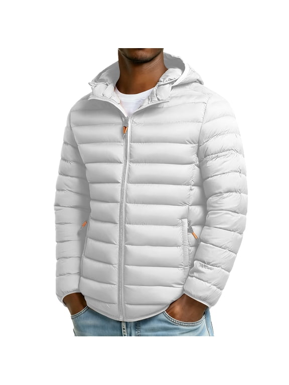 Men's Down Jackets Big and Tall Hooded Puffer Jackets Zip Up Lightweight Long Sleeve Quilted Coats with Zipper Pockets