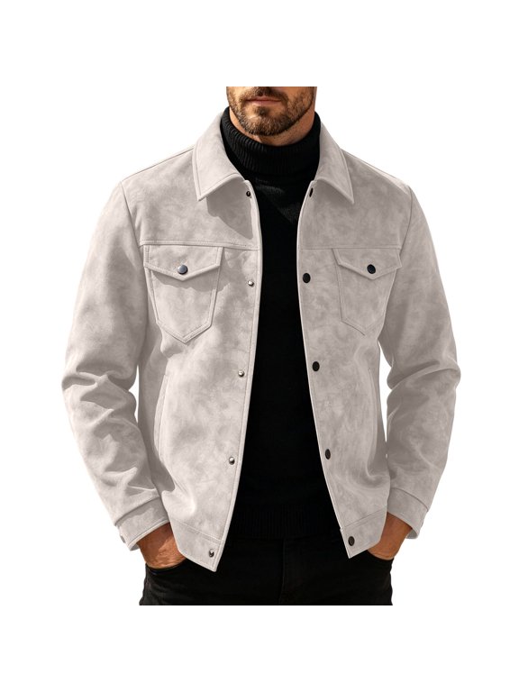 Men's Suede Jacket Snap Button Front Multi-Pocket Trucker Jackets Long Sleeve Fall Vintage Casual Outerwear
