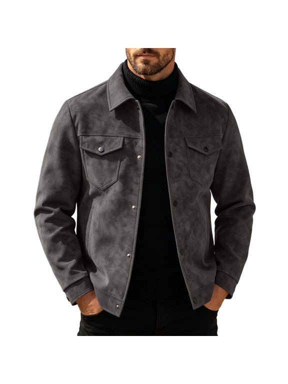 Men's Suede Jacket Snap Button Front Multi-Pocket Trucker Jackets Long Sleeve Fall Vintage Casual Outerwear