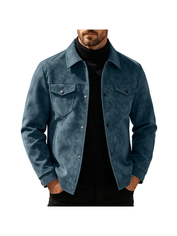 Men's Suede Jacket Snap Button Front Multi-Pocket Trucker Jackets Long Sleeve Fall Vintage Casual Outerwear